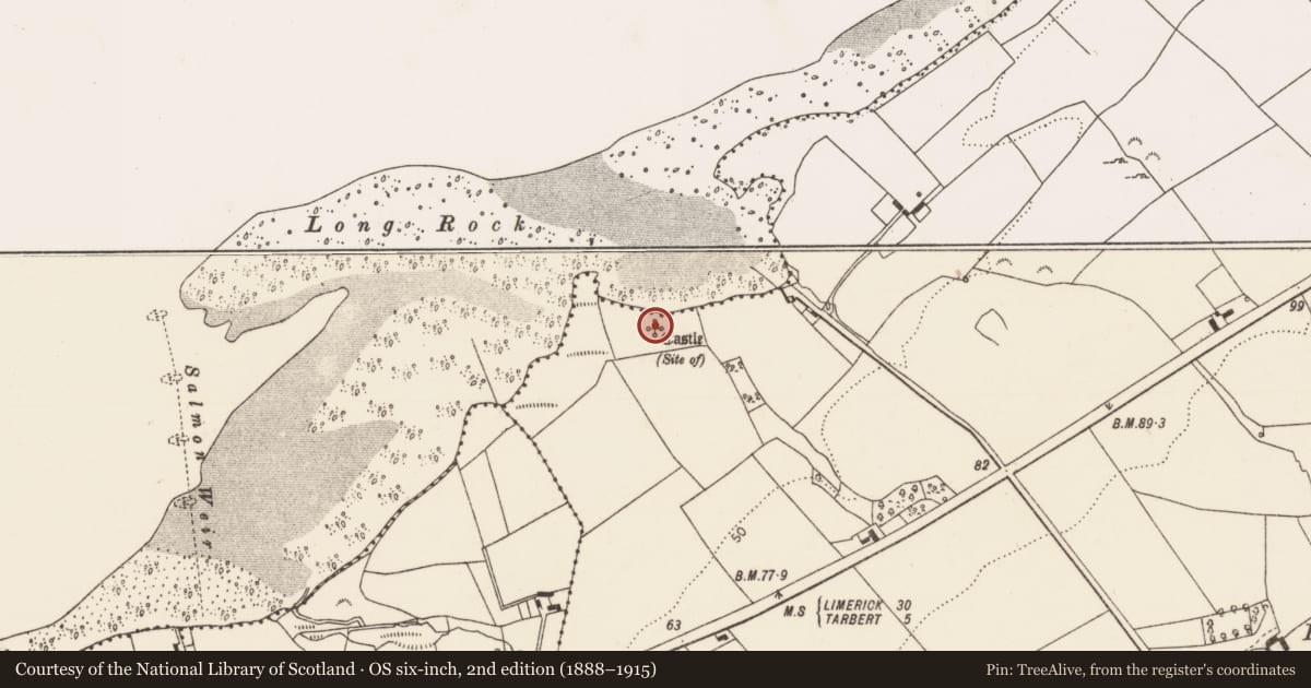 Ordnance Survey six-inch map, 2nd edition (1888–1915) covering the location of Castle - unclassified, Killacolla, County Limerick, with a pin at the register's coordinates