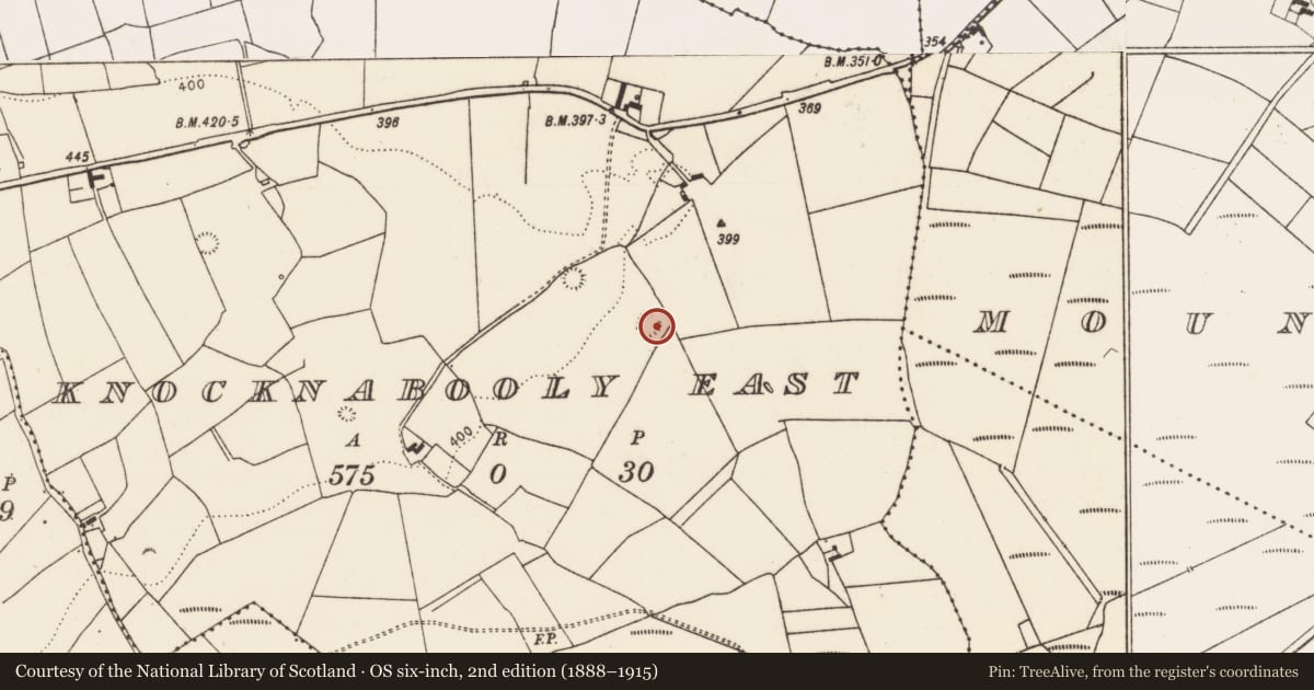 Ordnance Survey six-inch map, 2nd edition (1888–1915) covering the location of Ringfort - rath, Knocknabooly East, County Limerick, with a pin at the register's coordinates