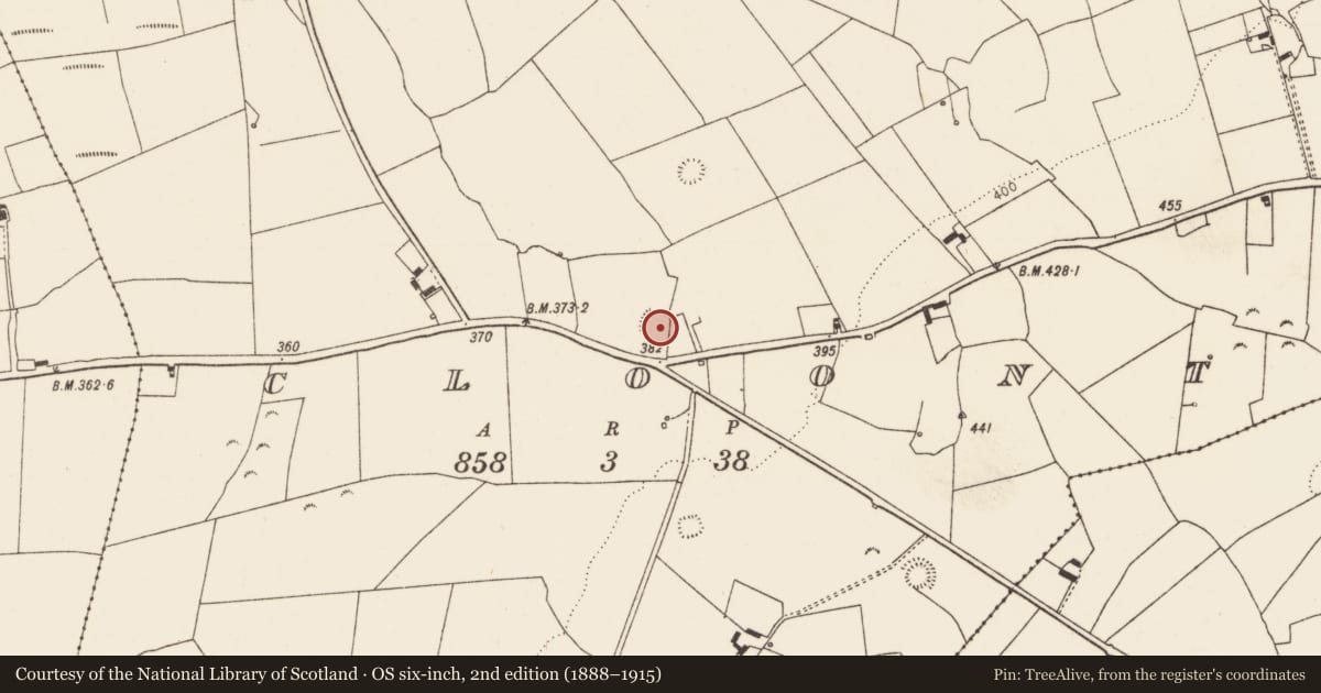Ordnance Survey six-inch map, 2nd edition (1888–1915) covering the location of Moated site, Cloonty, County Limerick, with a pin at the register's coordinates