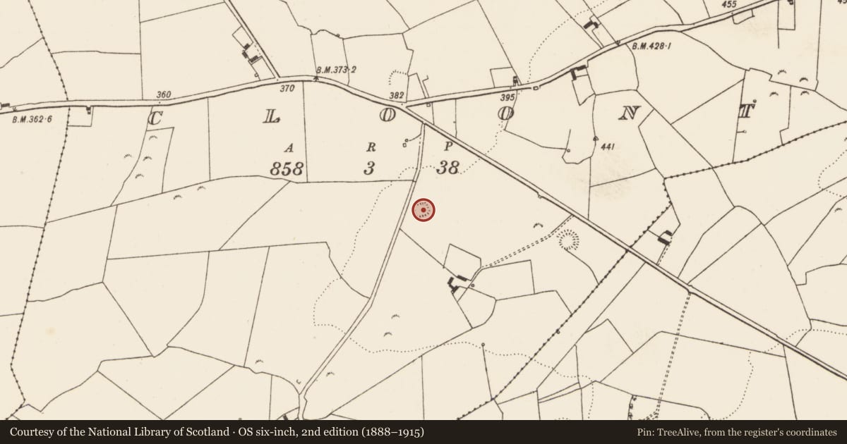 Ordnance Survey six-inch map, 2nd edition (1888–1915) covering the location of Moated site, Cloonty, County Limerick, with a pin at the register's coordinates