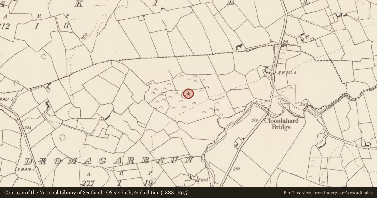 Ordnance Survey six-inch map, 2nd edition (1888–1915) covering the location of Ringfort - rath, Dromagarraun, County Limerick, with a pin at the register's coordinates