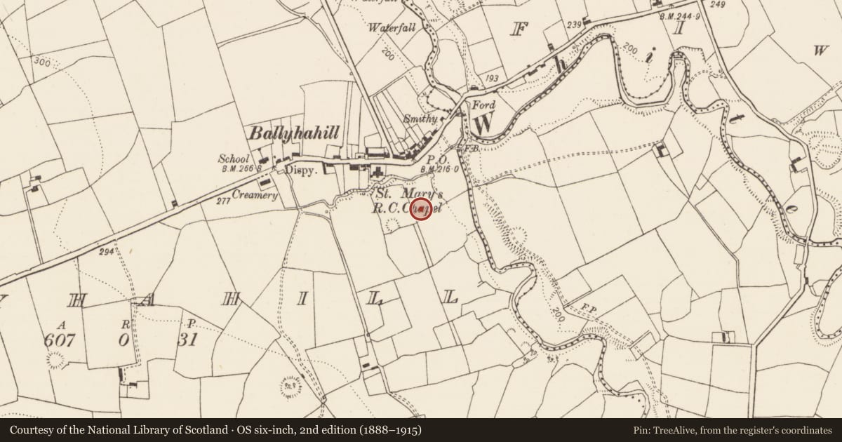 Ordnance Survey six-inch map, 2nd edition (1888–1915) covering the location of Road - road/trackway, Ballyhahill, County Limerick, with a pin at the register's coordinates