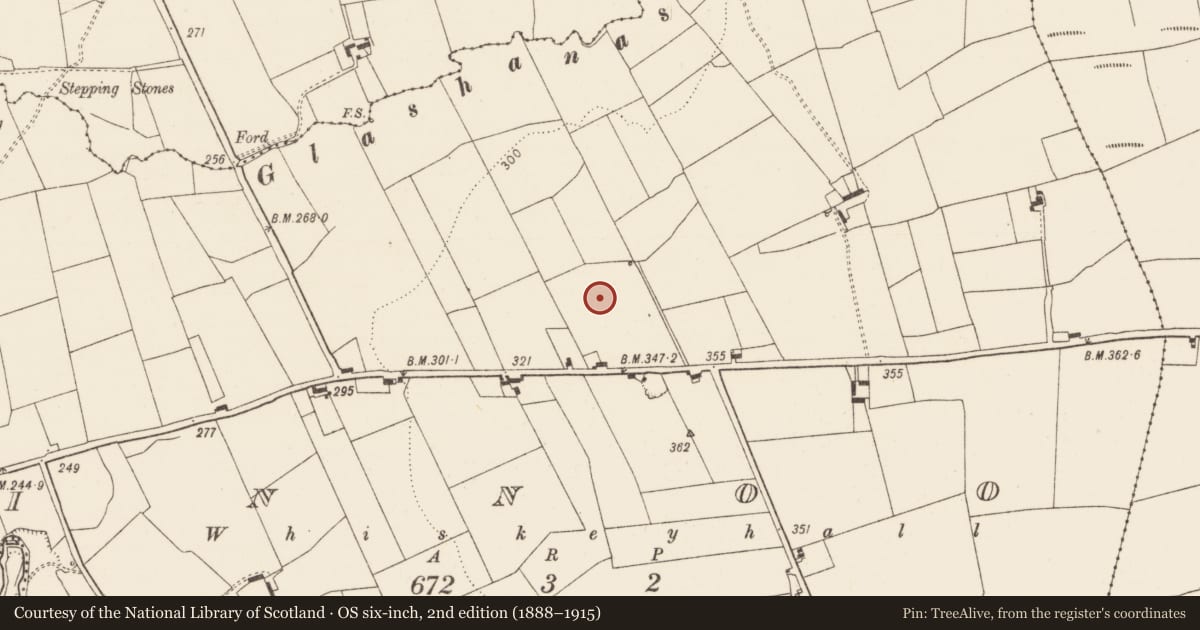Ordnance Survey six-inch map, 2nd edition (1888–1915) covering the location of Fulacht fia, Finnoo, County Limerick, with a pin at the register's coordinates
