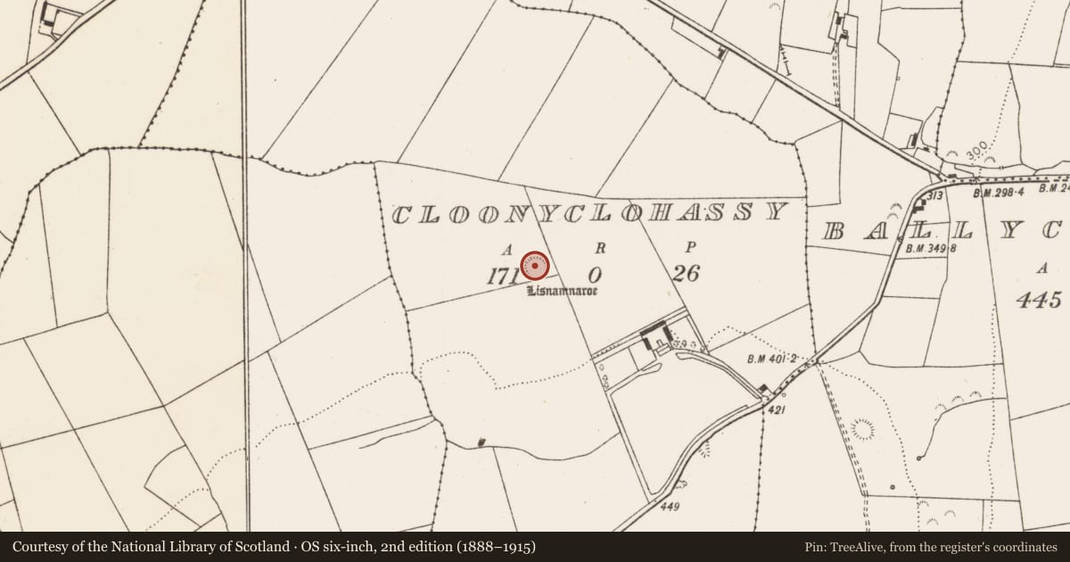 Ordnance Survey six-inch map, 2nd edition (1888–1915) covering the location of Ringfort - rath, Cloonyclohassy, County Limerick, with a pin at the register's coordinates