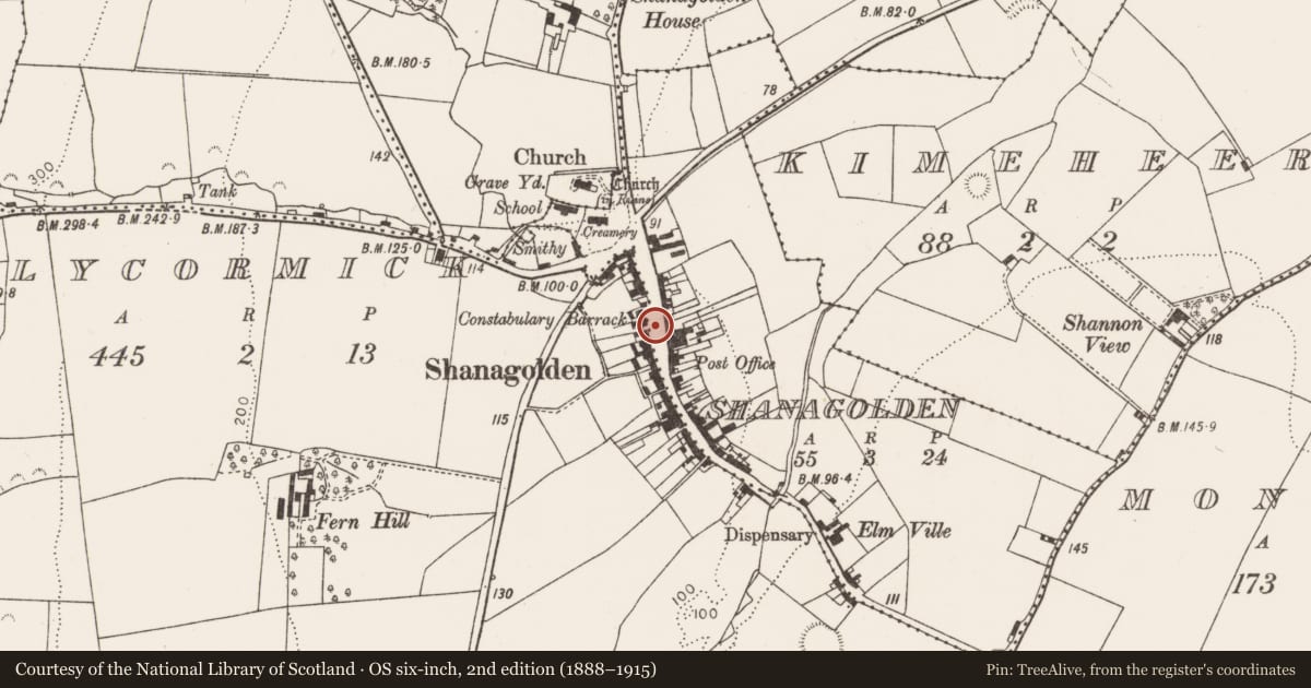 Ordnance Survey six-inch map, 2nd edition (1888–1915) covering the location of Historic town, Shanagolden, County Limerick, with a pin at the register's coordinates