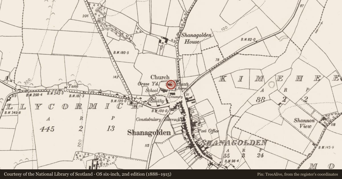 Ordnance Survey six-inch map, 2nd edition (1888–1915) covering the location of Church, Shanagolden Demesne, County Limerick, with a pin at the register's coordinates