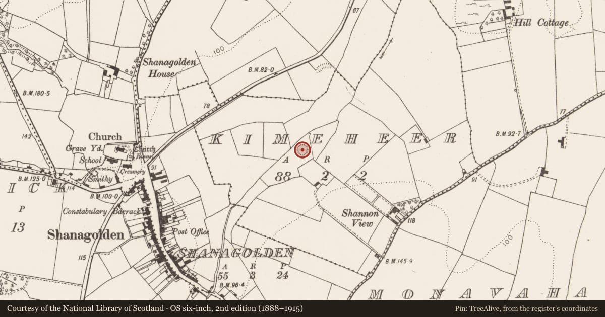 Ordnance Survey six-inch map, 2nd edition (1888–1915) covering the location of Ringfort - rath, Kimeheer, County Limerick, with a pin at the register's coordinates