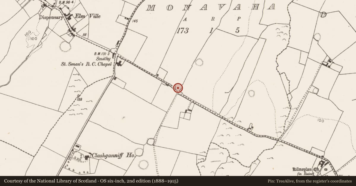 Ordnance Survey six-inch map, 2nd edition (1888–1915) covering the location of Ringfort - rath, Monavaha, County Limerick, with a pin at the register's coordinates