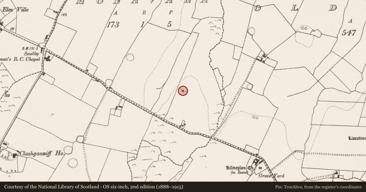 Ordnance Survey six-inch map, 2nd edition (1888–1915) covering the location of Ringfort - rath, Monavaha, County Limerick, with a pin at the register's coordinates