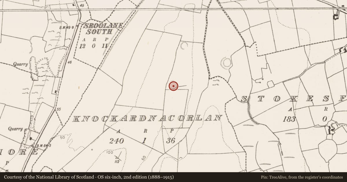 Ordnance Survey six-inch map, 2nd edition (1888–1915) covering the location of Ringfort - rath, Knockardnacorlan, County Limerick, with a pin at the register's coordinates