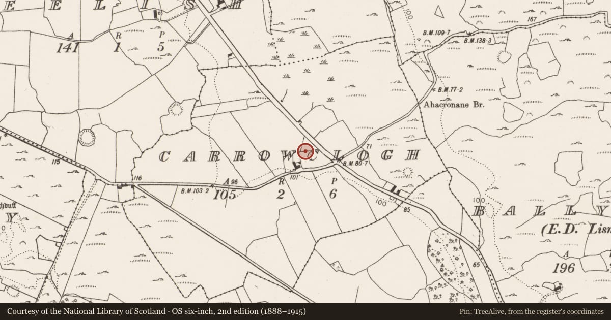 Ordnance Survey six-inch map, 2nd edition (1888–1915) covering the location of Enclosure, Carrowclogh, County Limerick, with a pin at the register's coordinates