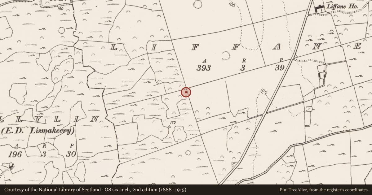 Ordnance Survey six-inch map, 2nd edition (1888–1915) covering the location of Enclosure, Liffane, County Limerick, with a pin at the register's coordinates