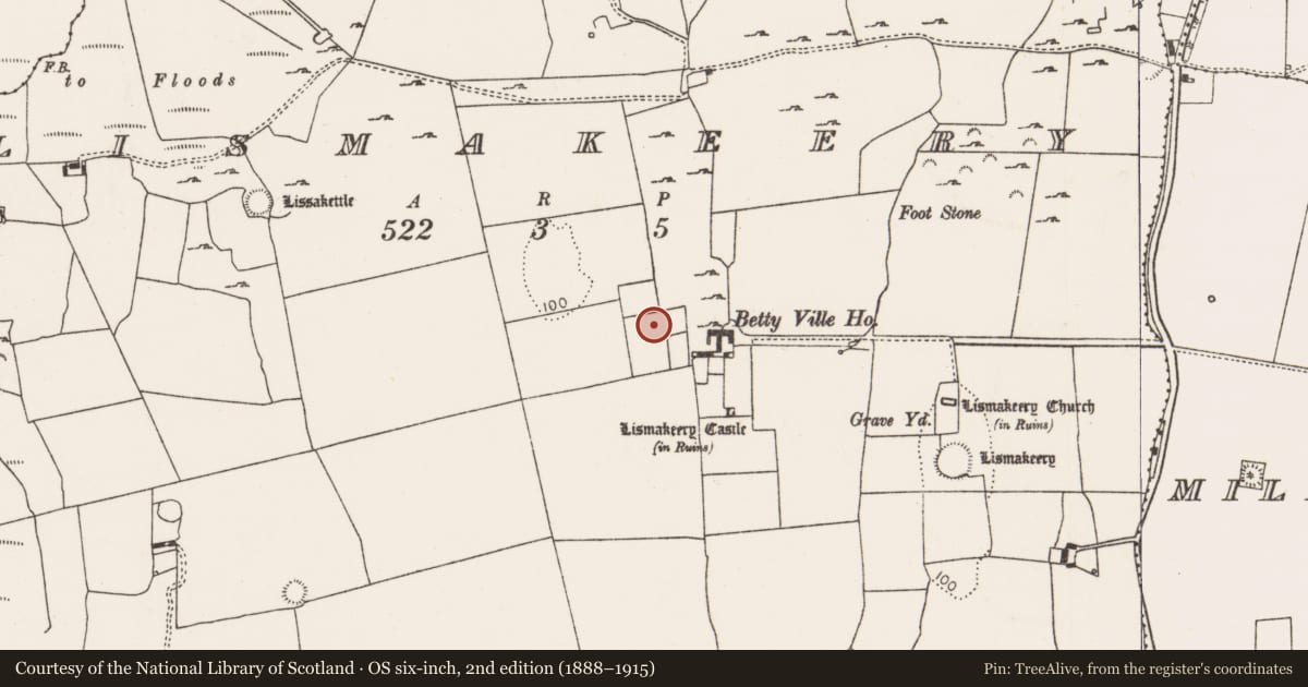 Ordnance Survey six-inch map, 2nd edition (1888–1915) covering the location of Ringfort - rath, Lismakeery, County Limerick, with a pin at the register's coordinates