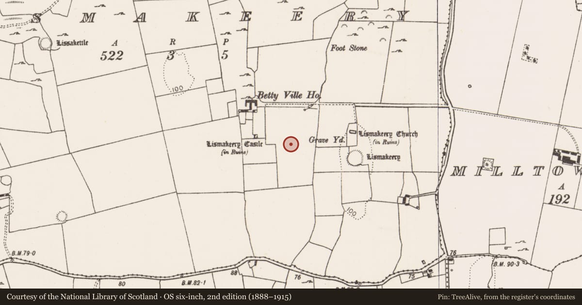 Ordnance Survey six-inch map, 2nd edition (1888–1915) covering the location of Ringfort - cashel, Lismakeery, County Limerick, with a pin at the register's coordinates