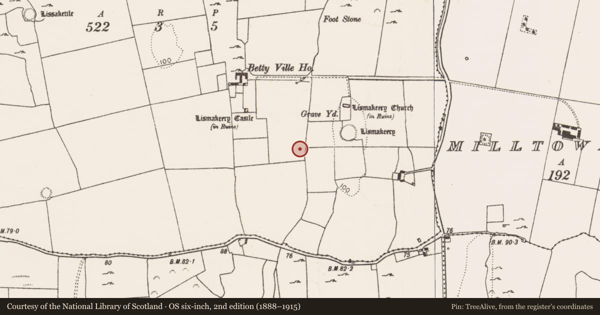 Ordnance Survey six-inch map, 2nd edition (1888–1915) covering the location of Fulacht fia, Lismakeery, County Limerick, with a pin at the register's coordinates