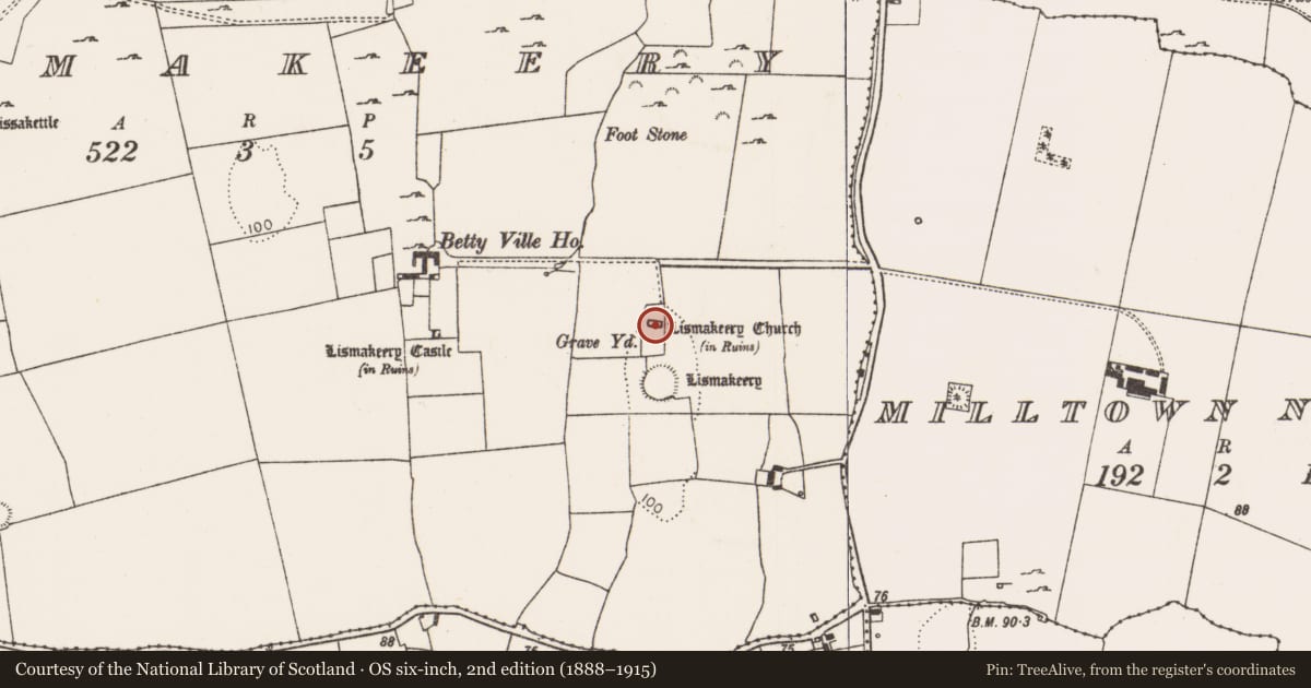 Ordnance Survey six-inch map, 2nd edition (1888–1915) covering the location of Church, Lismakeery, County Limerick, with a pin at the register's coordinates