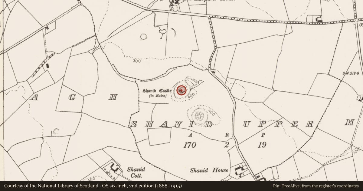 Ordnance Survey six-inch map, 2nd edition (1888–1915) covering the location of Castle - Anglo-Norman masonry castle, Shanid Upper, County Limerick, with a pin at the register's coordinates