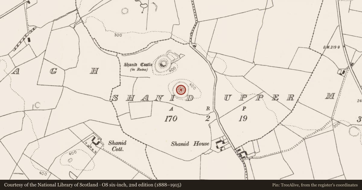 Ordnance Survey six-inch map, 2nd edition (1888–1915) covering the location of Ringfort - rath, Shanid Upper, County Limerick, with a pin at the register's coordinates