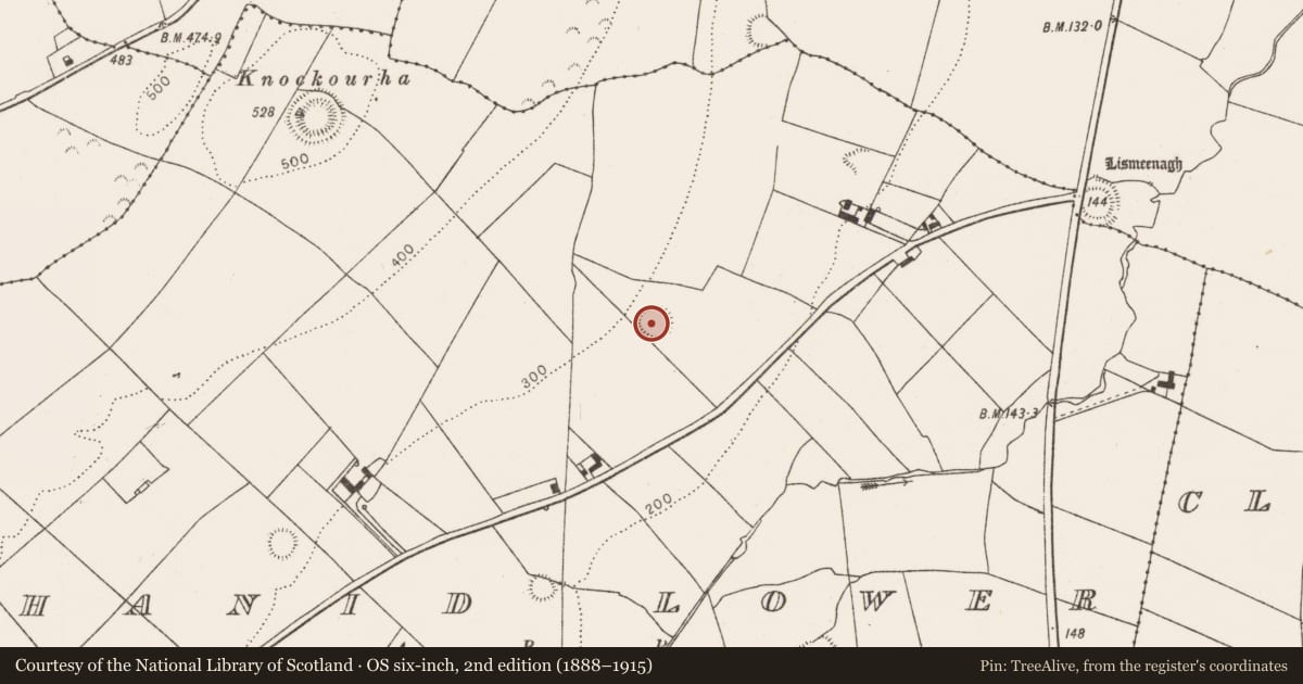 Ordnance Survey six-inch map, 2nd edition (1888–1915) covering the location of Ringfort - rath, Shanid Lower, County Limerick, with a pin at the register's coordinates