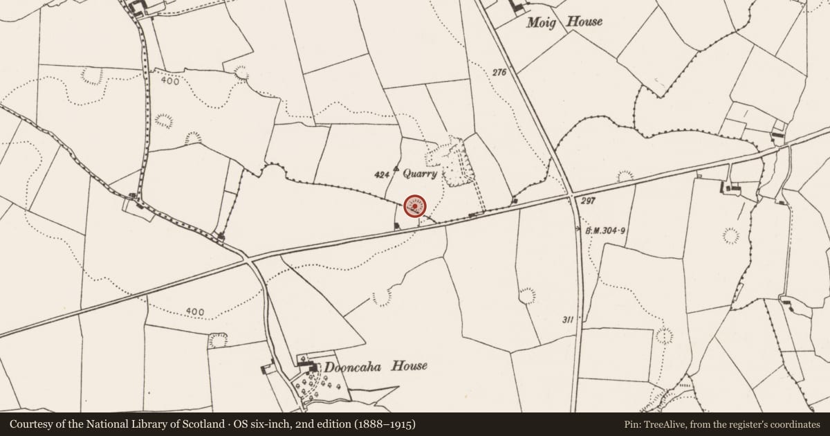 Ordnance Survey six-inch map, 2nd edition (1888–1915) covering the location of Mound, Dooncaha, County Limerick, with a pin at the register's coordinates
