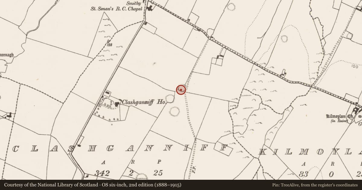 Ordnance Survey six-inch map, 2nd edition (1888–1915) covering the location of Ringfort - rath, Clashganniff, County Limerick, with a pin at the register's coordinates