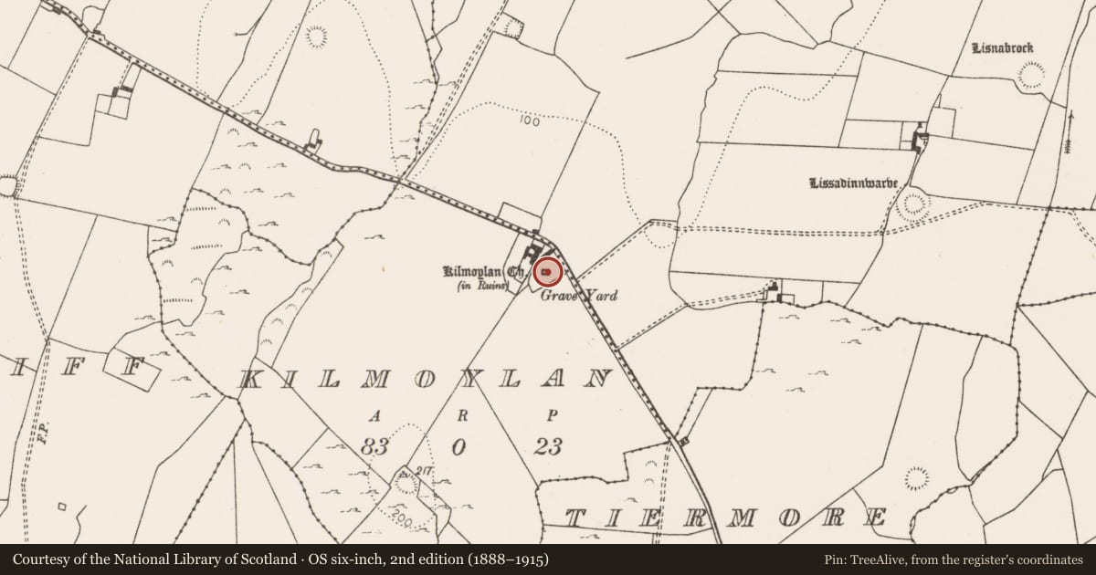 Ordnance Survey six-inch map, 2nd edition (1888–1915) covering the location of Church, Kilmoylan, County Limerick, with a pin at the register's coordinates