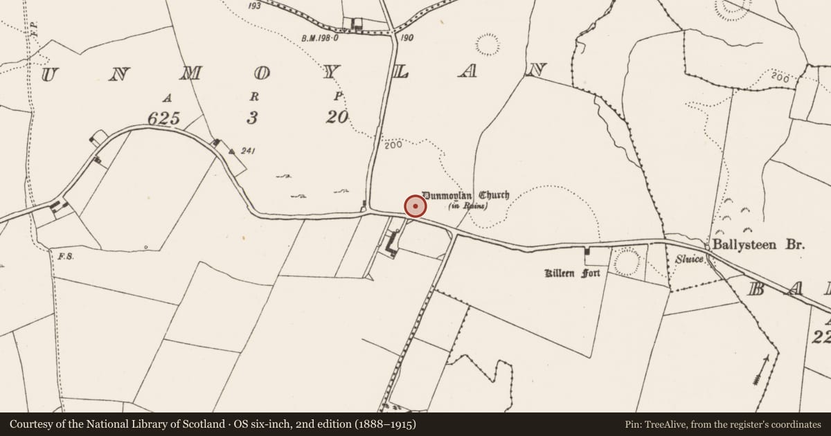 Ordnance Survey six-inch map, 2nd edition (1888–1915) covering the location of Church, Dunmoylan, County Limerick, with a pin at the register's coordinates