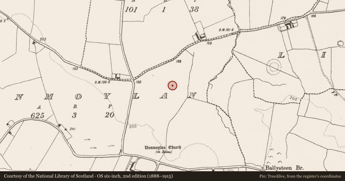 Ordnance Survey six-inch map, 2nd edition (1888–1915) covering the location of Ringfort - rath, Dunmoylan, County Limerick, with a pin at the register's coordinates