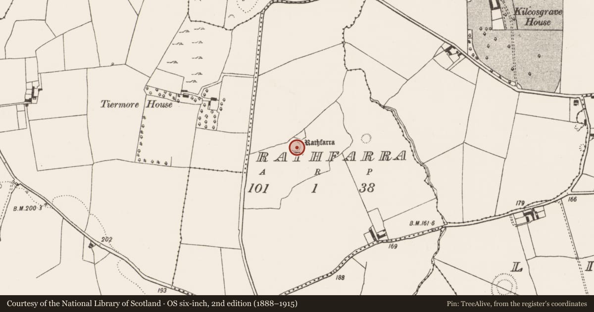Ordnance Survey six-inch map, 2nd edition (1888–1915) covering the location of Ringfort - rath, Rathfarra, County Limerick, with a pin at the register's coordinates