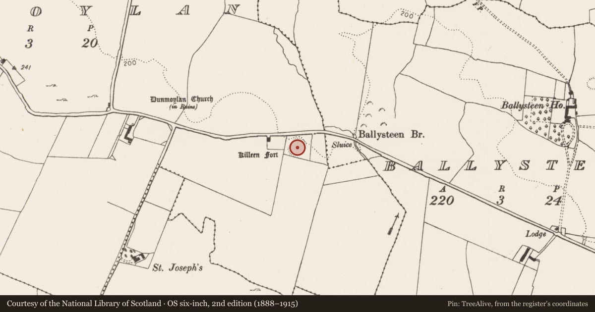 Ordnance Survey six-inch map, 2nd edition (1888–1915) covering the location of Ringfort - rath, Dunmoylan, County Limerick, with a pin at the register's coordinates
