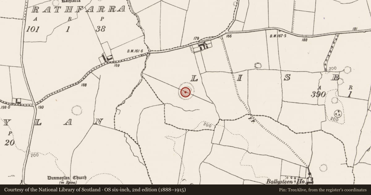 Ordnance Survey six-inch map, 2nd edition (1888–1915) covering the location of Ringfort - rath, Lisbane, County Limerick, with a pin at the register's coordinates