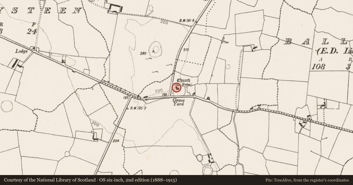Ordnance Survey six-inch map, 2nd edition (1888–1915) covering the location of Church, Kilbradran, County Limerick, with a pin at the register's coordinates