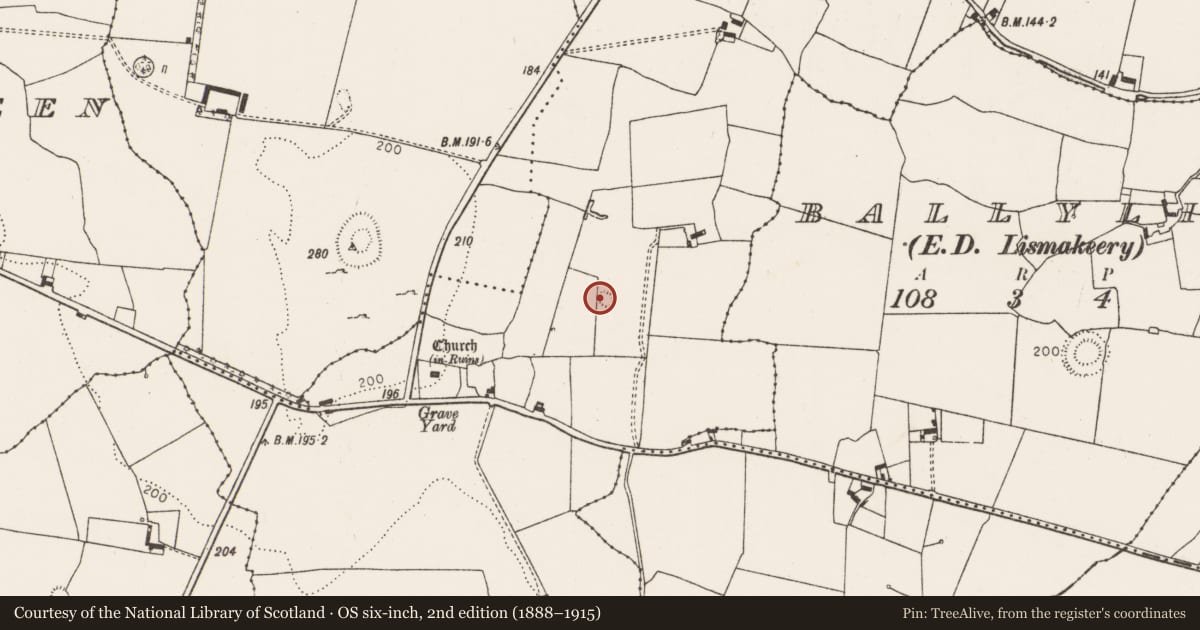 Ordnance Survey six-inch map, 2nd edition (1888–1915) covering the location of Fulacht fia, Kilbradran, County Limerick, with a pin at the register's coordinates