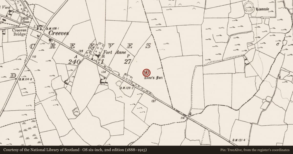 Ordnance Survey six-inch map, 2nd edition (1888–1915) covering the location of Ringfort - rath, Creeves, County Limerick, with a pin at the register's coordinates