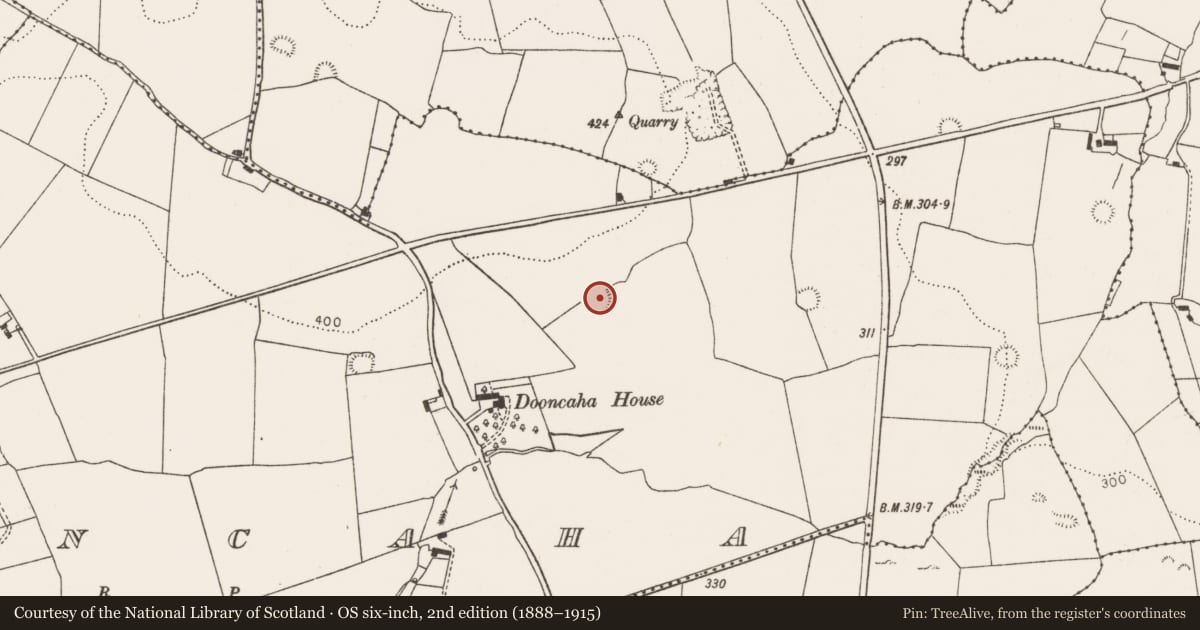 Ordnance Survey six-inch map, 2nd edition (1888–1915) covering the location of Ringfort - rath, Dooncaha, County Limerick, with a pin at the register's coordinates