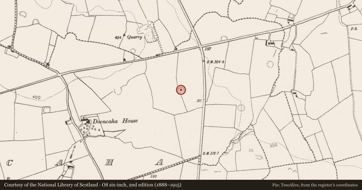 Ordnance Survey six-inch map, 2nd edition (1888–1915) covering the location of Ringfort - rath, Dooncaha, County Limerick, with a pin at the register's coordinates