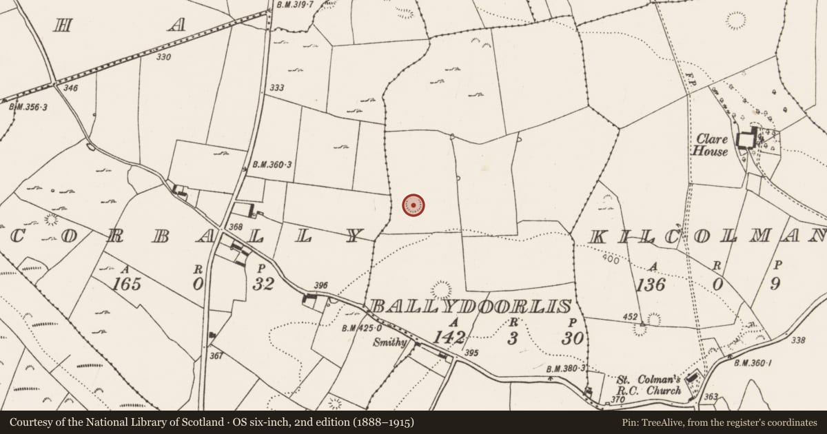 Ordnance Survey six-inch map, 2nd edition (1888–1915) covering the location of Ringfort - rath, Ballydoorlis, County Limerick, with a pin at the register's coordinates