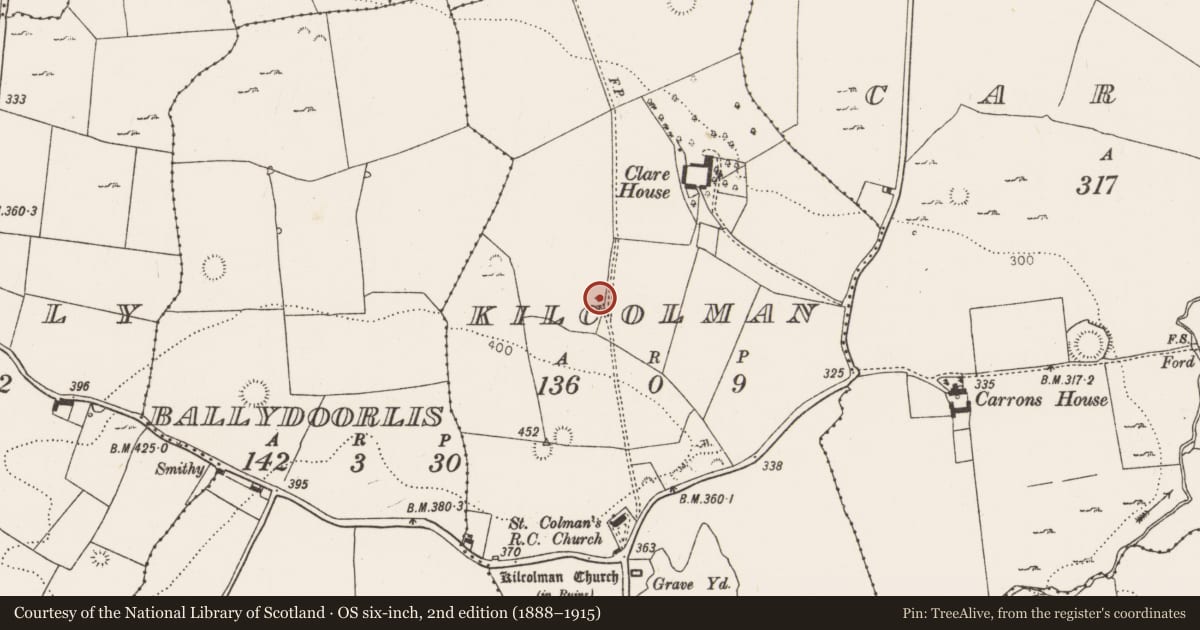 Ordnance Survey six-inch map, 2nd edition (1888–1915) covering the location of Ritual site - holy well, Kilcolman, County Limerick, with a pin at the register's coordinates
