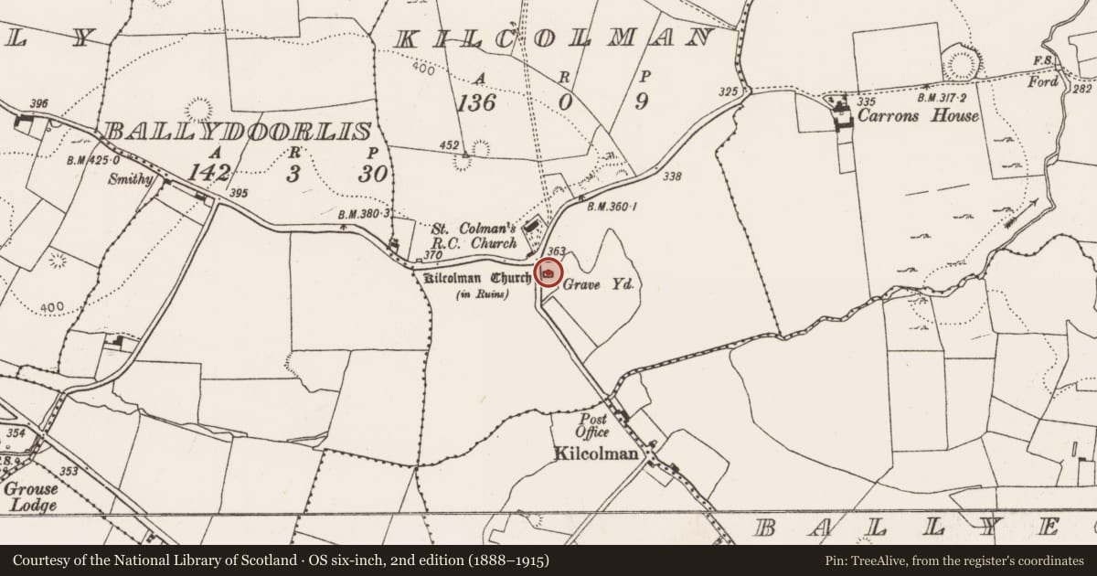 Ordnance Survey six-inch map, 2nd edition (1888–1915) covering the location of Church, Kilcolman, County Limerick, with a pin at the register's coordinates