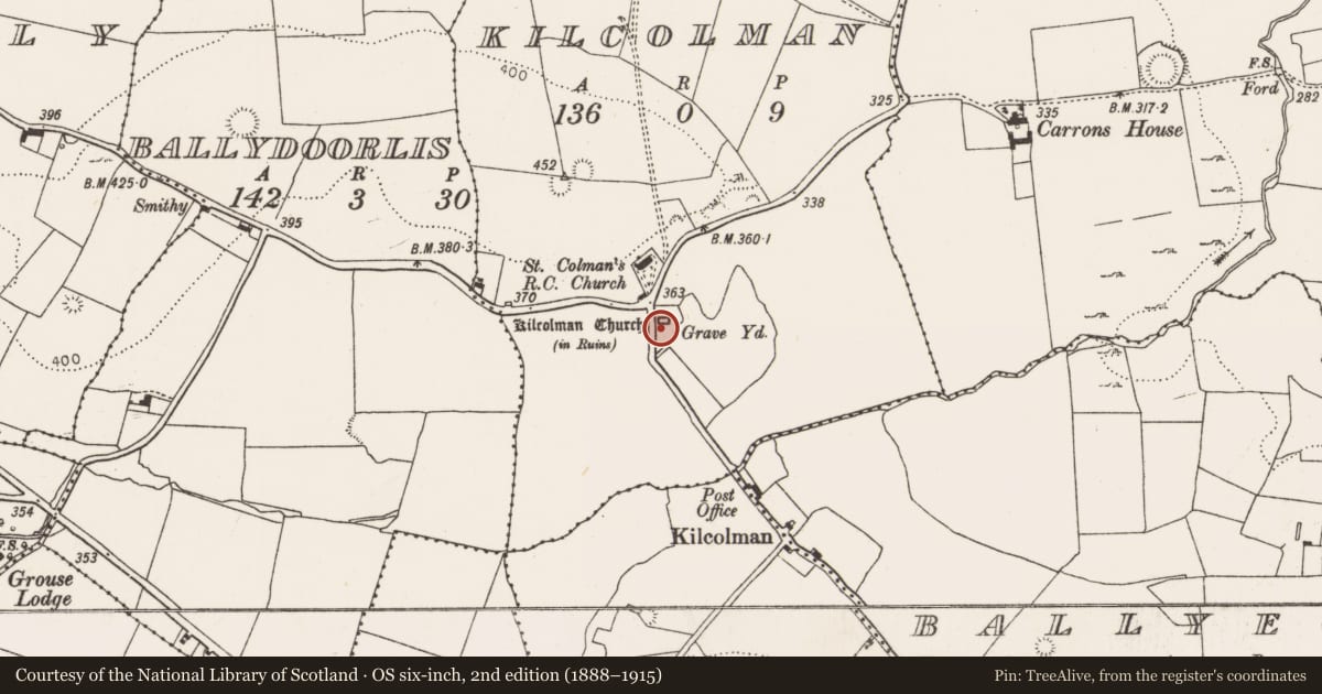 Ordnance Survey six-inch map, 2nd edition (1888–1915) covering the location of Graveyard, Kilcolman, County Limerick, with a pin at the register's coordinates