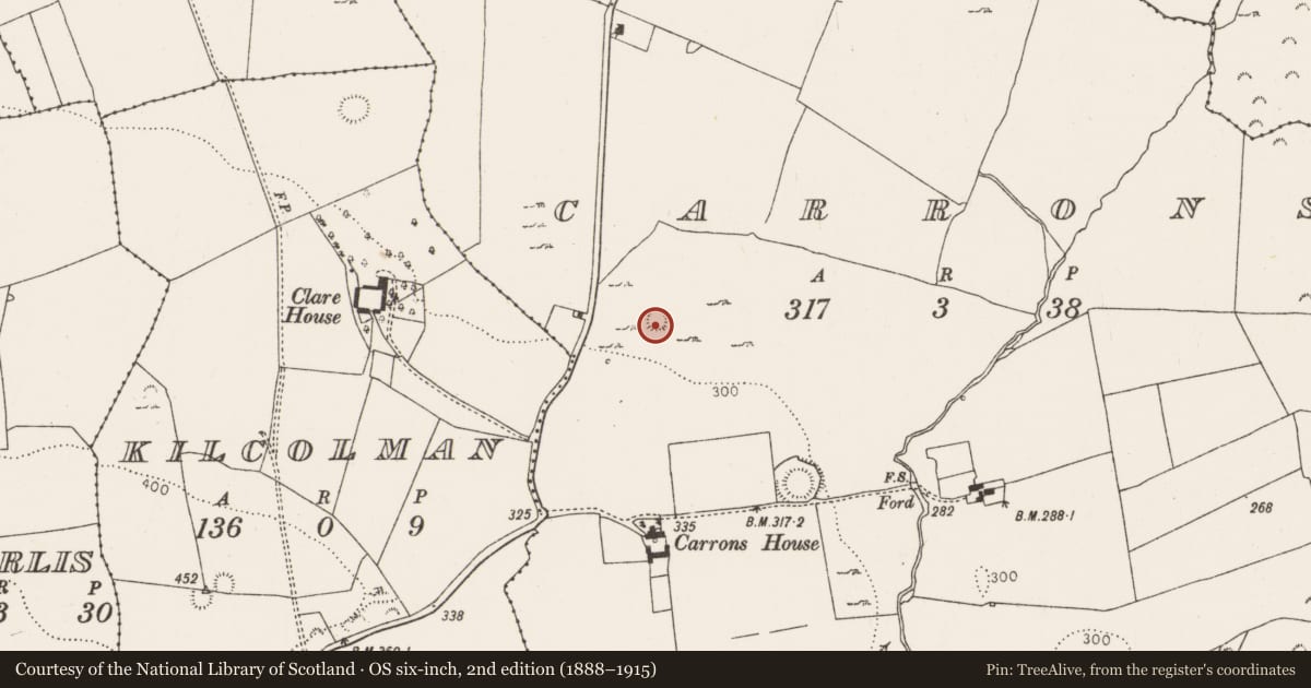 Ordnance Survey six-inch map, 2nd edition (1888–1915) covering the location of Ringfort - rath, Carrons, County Limerick, with a pin at the register's coordinates