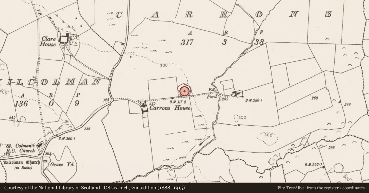 Ordnance Survey six-inch map, 2nd edition (1888–1915) covering the location of Ringfort - rath, Carrons, County Limerick, with a pin at the register's coordinates