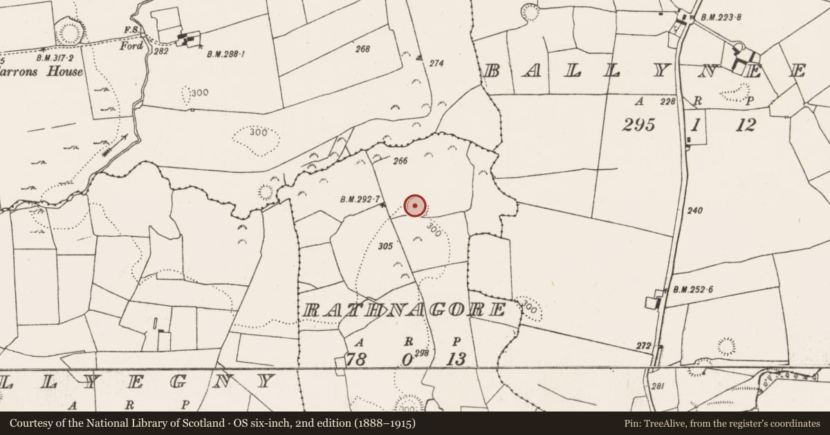 Ordnance Survey six-inch map, 2nd edition (1888–1915) covering the location of Ringfort - rath, Rathnagore, County Limerick, with a pin at the register's coordinates