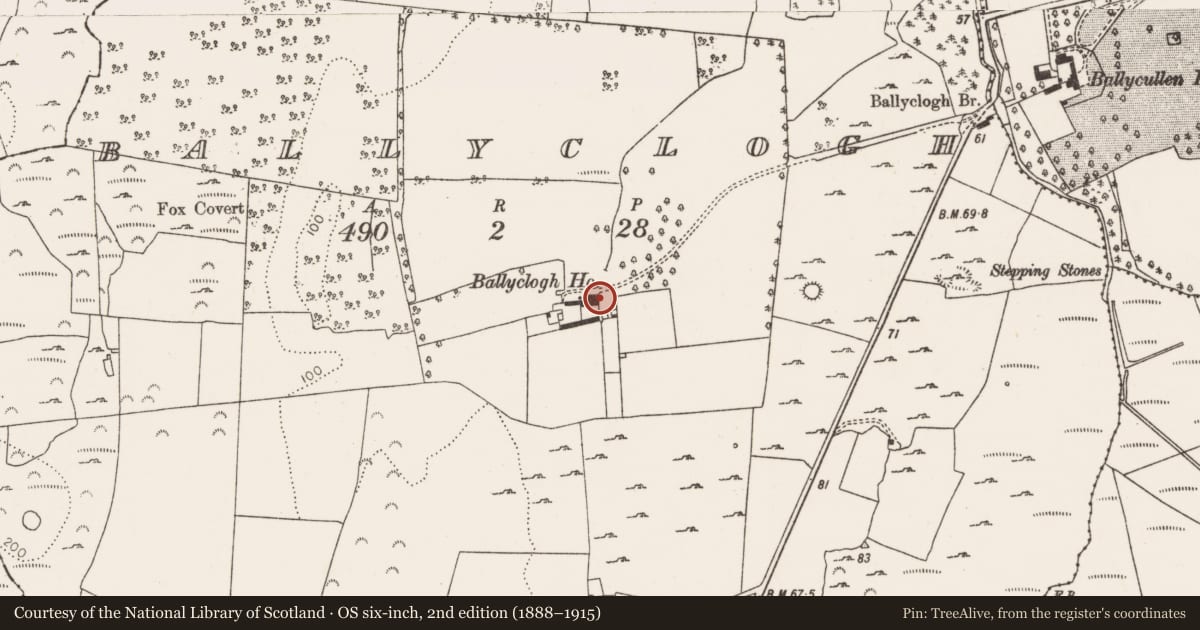 Ordnance Survey six-inch map, 2nd edition (1888–1915) covering the location of Castle - tower house, Ballyclogh, County Limerick, with a pin at the register's coordinates