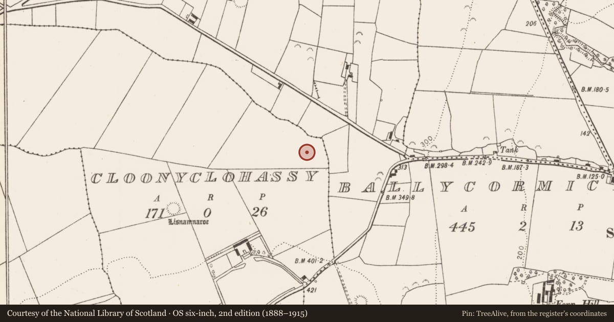 Ordnance Survey six-inch map, 2nd edition (1888–1915) covering the location of Fulacht fia, Cloonyclohassy, County Limerick, with a pin at the register's coordinates