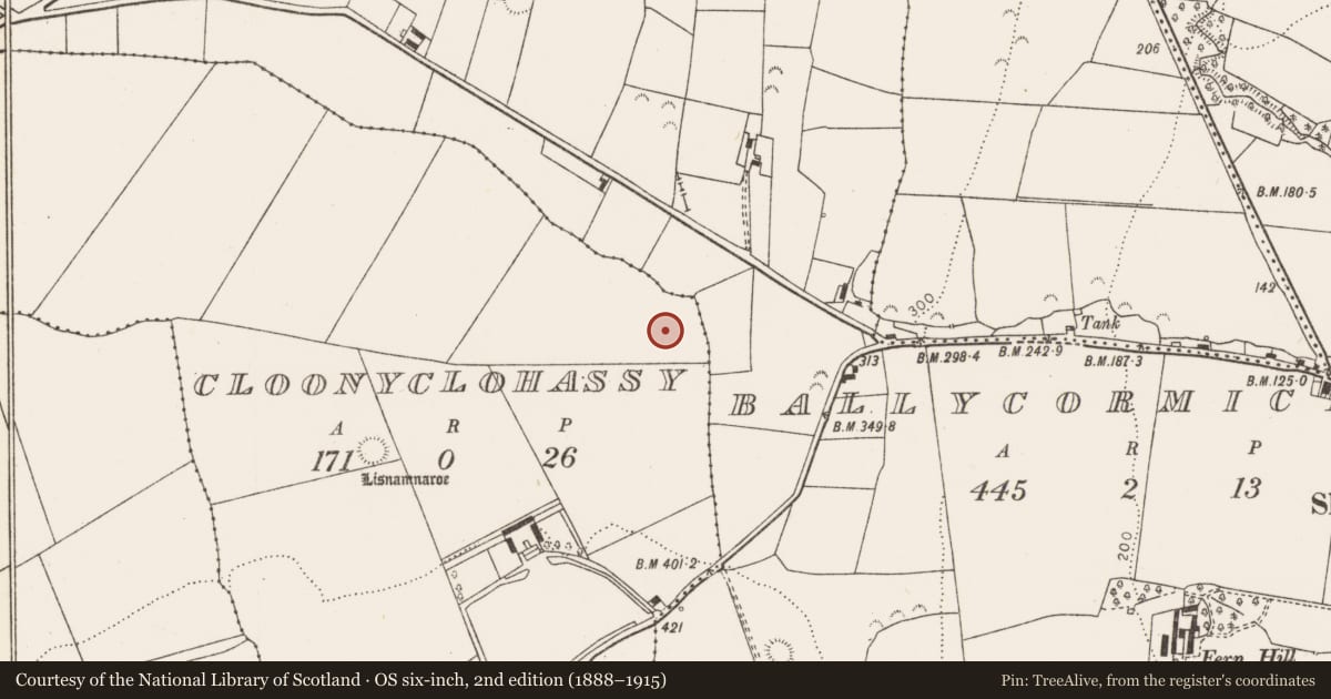Ordnance Survey six-inch map, 2nd edition (1888–1915) covering the location of Fulacht fia, Cloonyclohassy, County Limerick, with a pin at the register's coordinates