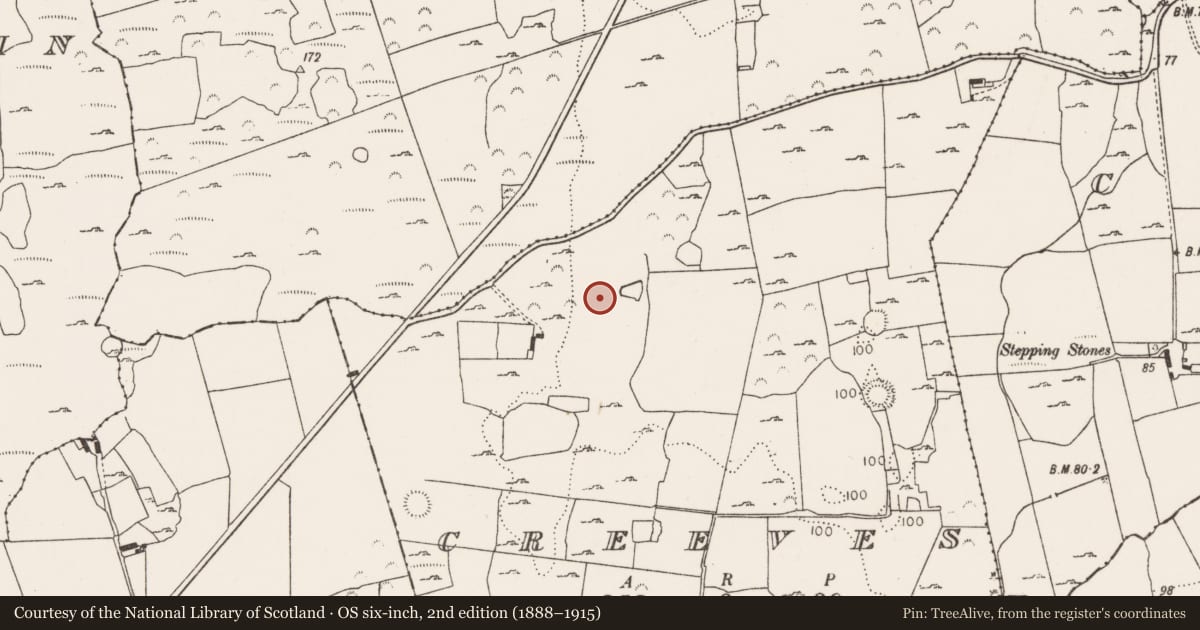 Ordnance Survey six-inch map, 2nd edition (1888–1915) covering the location of Fulacht fia, Creeves, County Limerick, with a pin at the register's coordinates