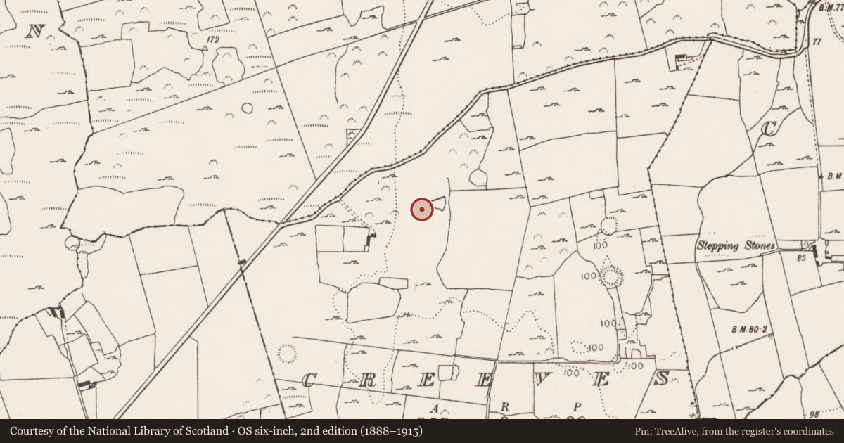 Ordnance Survey six-inch map, 2nd edition (1888–1915) covering the location of Fulacht fia, Creeves, County Limerick, with a pin at the register's coordinates