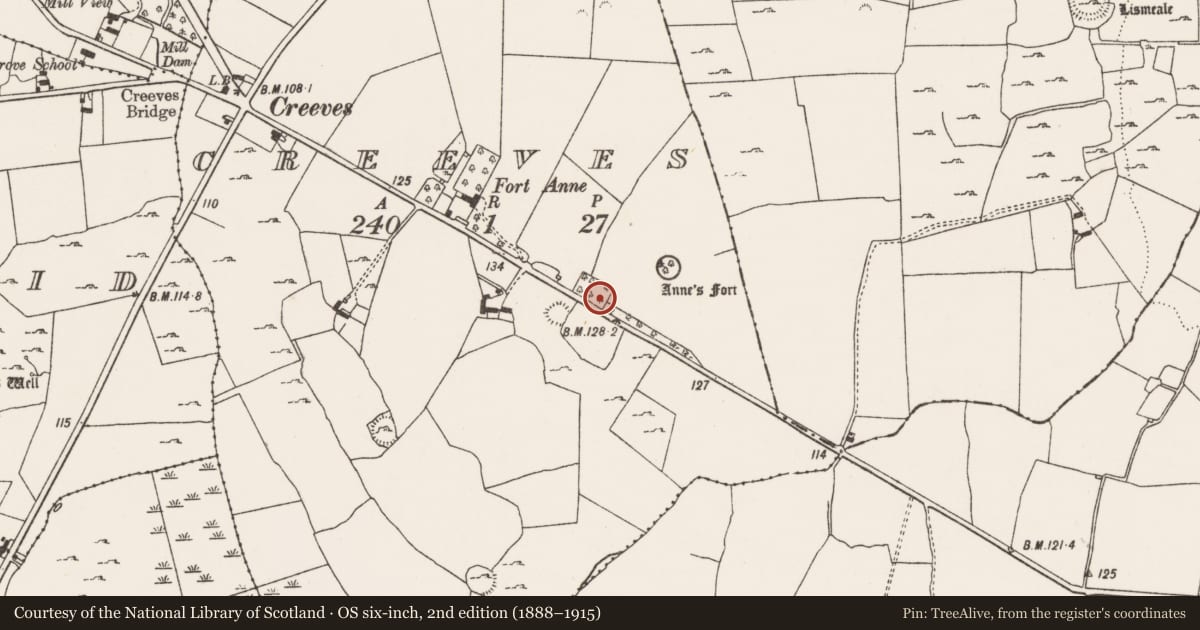 Ordnance Survey six-inch map, 2nd edition (1888–1915) covering the location of Enclosure, Creeves, County Limerick, with a pin at the register's coordinates