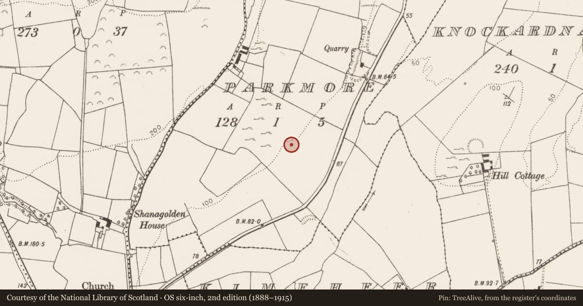 Ordnance Survey six-inch map, 2nd edition (1888–1915) covering the location of Enclosure, Parkmore, County Limerick, with a pin at the register's coordinates